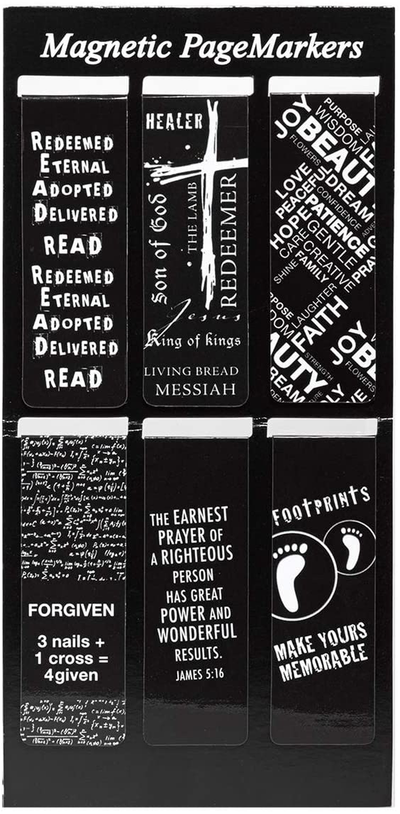 Christian Art Gifts Set of 6 Black and White Gospel Salvation Inspirational Magnetic Bible Verse Bookmark with Scripture, Size Small 2.3" x .75"