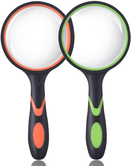 Ocim (2 Pcs) 10X Magnifying Glass, Handheld Reading Magnifier, 75mm Magnify Glasses Lens, Rubbery with Non-Slip Soft Handle for Seniors Reading and Kids Nature Exploration