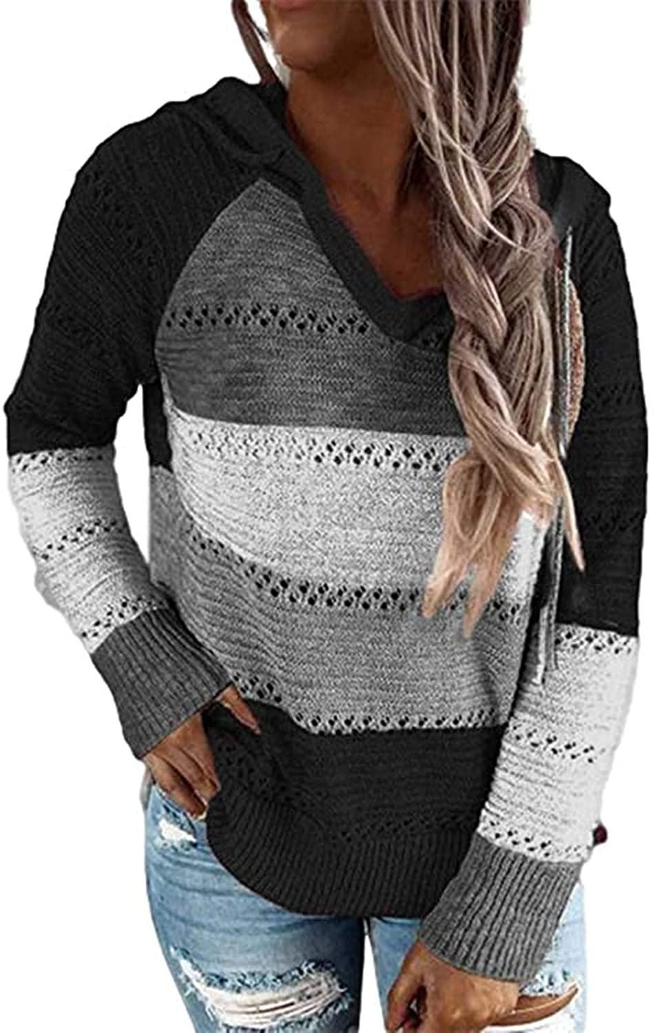 MAYFASEY Women's Color Block Striped Hoodies Sweater Long Sleeve Casual Loose Knitted Pullover Sweatshirt Tops