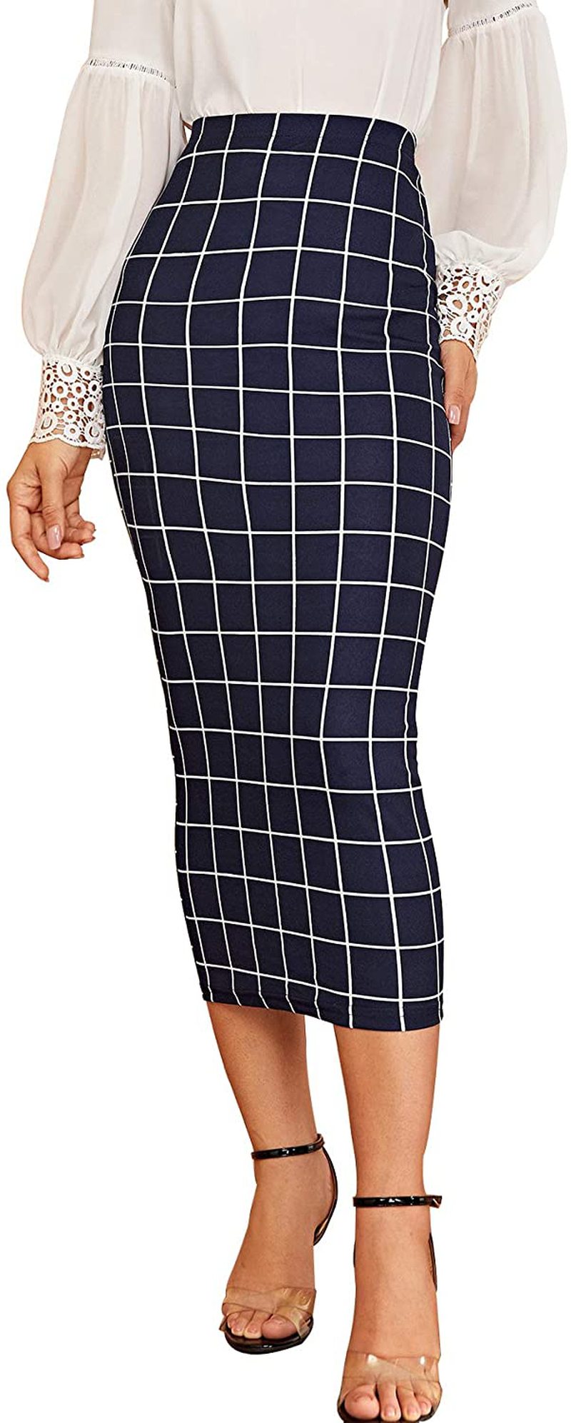 Verdusa Women's Elegant Plaid Elastic Waist Bodycon Midi Skirt