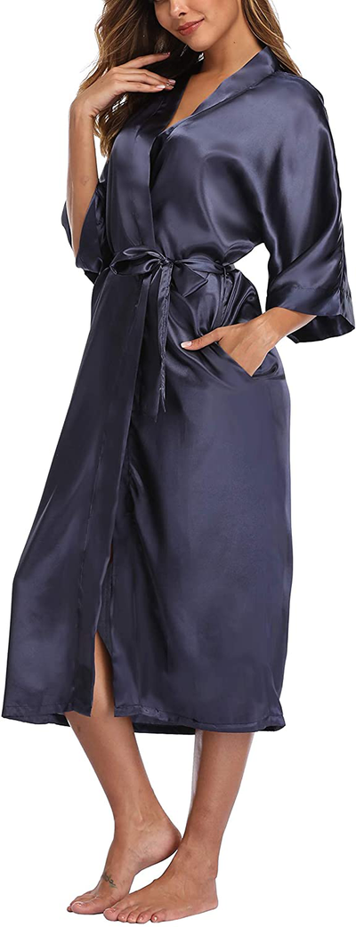 Womens Pure Color Long Satin Bathrobe Kimono Nightgown Long Dress Gown