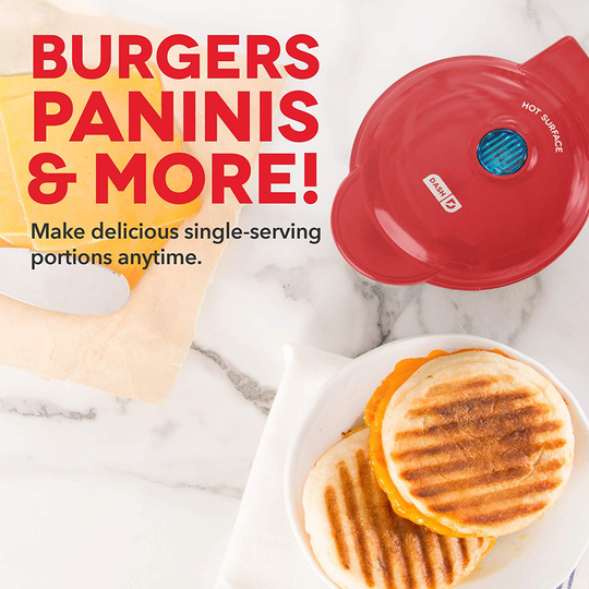 Dash Mini Maker Portable Grill Machine + Panini Press for Gourmet Burgers, Sandwiches, Chicken + Other On the Go Breakfast, Lunch, or Snacks with Recipe Guide - Red
