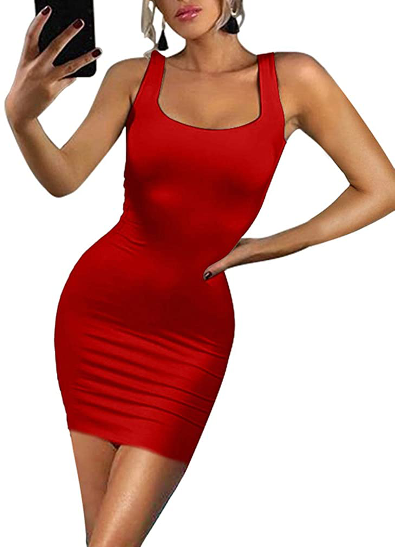 LAGSHIAN Women's Sexy Bodycon Tank Dress Sleeveless Basic Midi Club Dresses