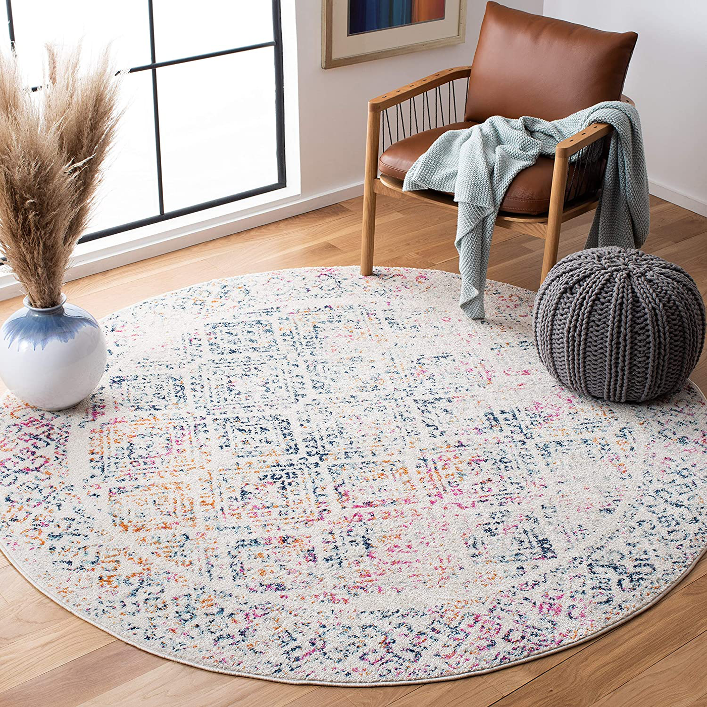 Safavieh Tulum Collection TUL264D Moroccan Boho Distressed Non-Shedding Stain Resistant Living Room Bedroom Area Rug, 3' x 3' Round, Ivory / Dark Blue