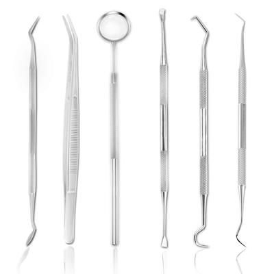 Dentist Tools Professional 6pcs Steel Dental Tools Contain Tweezers Probe Hoe-shaped Tooth Cleaner Sickle Tooth Cleaner for Adults, Kids, and Pets Oral Care Use