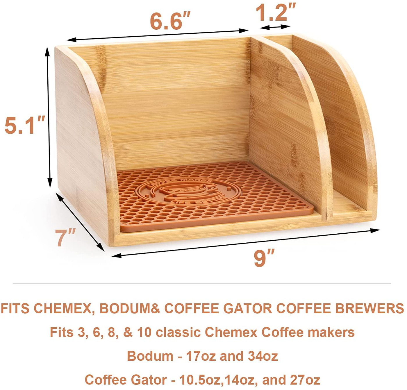 GIRVEM Bamboo Organizer Stand Compatible with Chemex Coffee Makers with Matching Brown Mat, Pour Over Coffee Maker Caddy, Fits Collar and Handle Carafes, Holds Coffee Maker and Filters