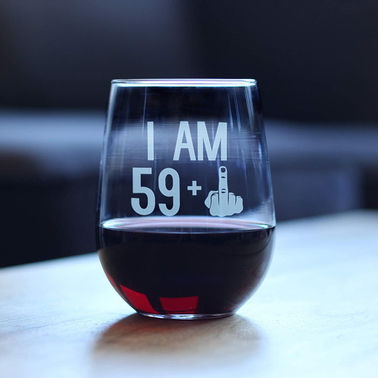 59 + 1 Middle Finger - 60th Birthday Stemless Wine Glass for Women & Men - Cute Funny Wine Gift Idea - Unique Personalized Bday Glasses for Best Friend Turning 60 - Drinking Party Decoration
