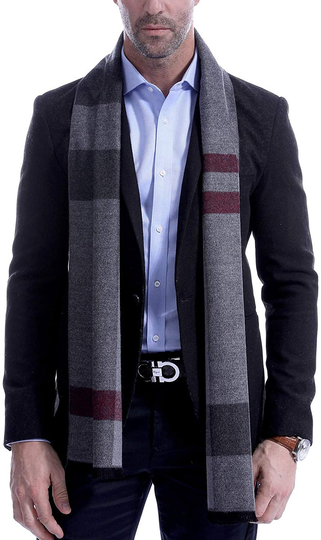 Men's Winter Scarf, Soft Long Cashmere Feel Scarves for Men with Fringes Tartan - Grey Black Red Plaid