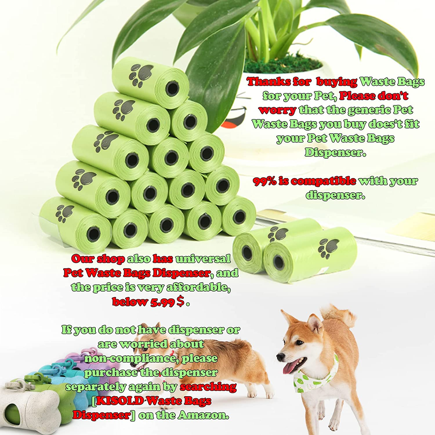 Biodegradable Dog Poop Bags Refill Rolls, Green Compostable Dog Waste Bags