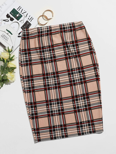 SheIn Women's Plus Size High Waist Tartan Skirt Bodycon Pencil Skinny Skirts