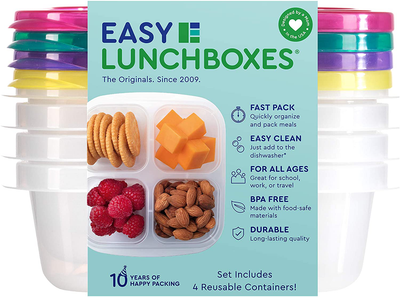 EasyLunchboxes - Bento Snack Boxes - Reusable 4-Compartment Food Containers for School, Work and Travel, Set of 4, Classic