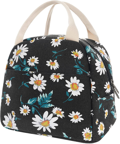 EurCross Black Lunch Bag Floral Daisy Women Tote Box Reusable Canvas Cooler Container Lunch Holder Portable Meal Prep Water-resistant for Kids Girls for School Trip Picnic Travel