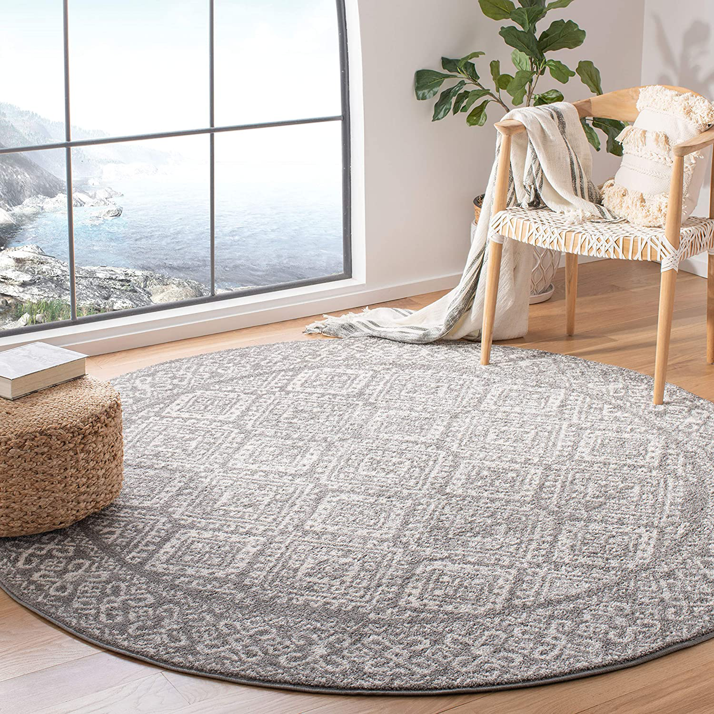 Safavieh Tulum Collection TUL264F Moroccan Boho Distressed Non-Shedding Stain Resistant Living Room Bedroom Area Rug, 6'7" x 6'7" Round, Dark Grey / Ivory