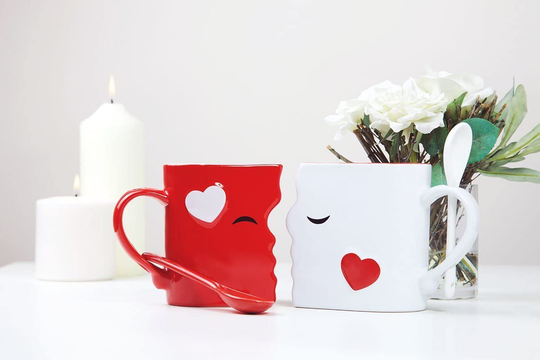 Kissing Mugs Set, Anniversary & Wedding Gifts, Exquisitely Crafted Two Large Cups & Spoons for Couples, For Him and Her on Valentines, Birthday, Engagement by Blu Devil