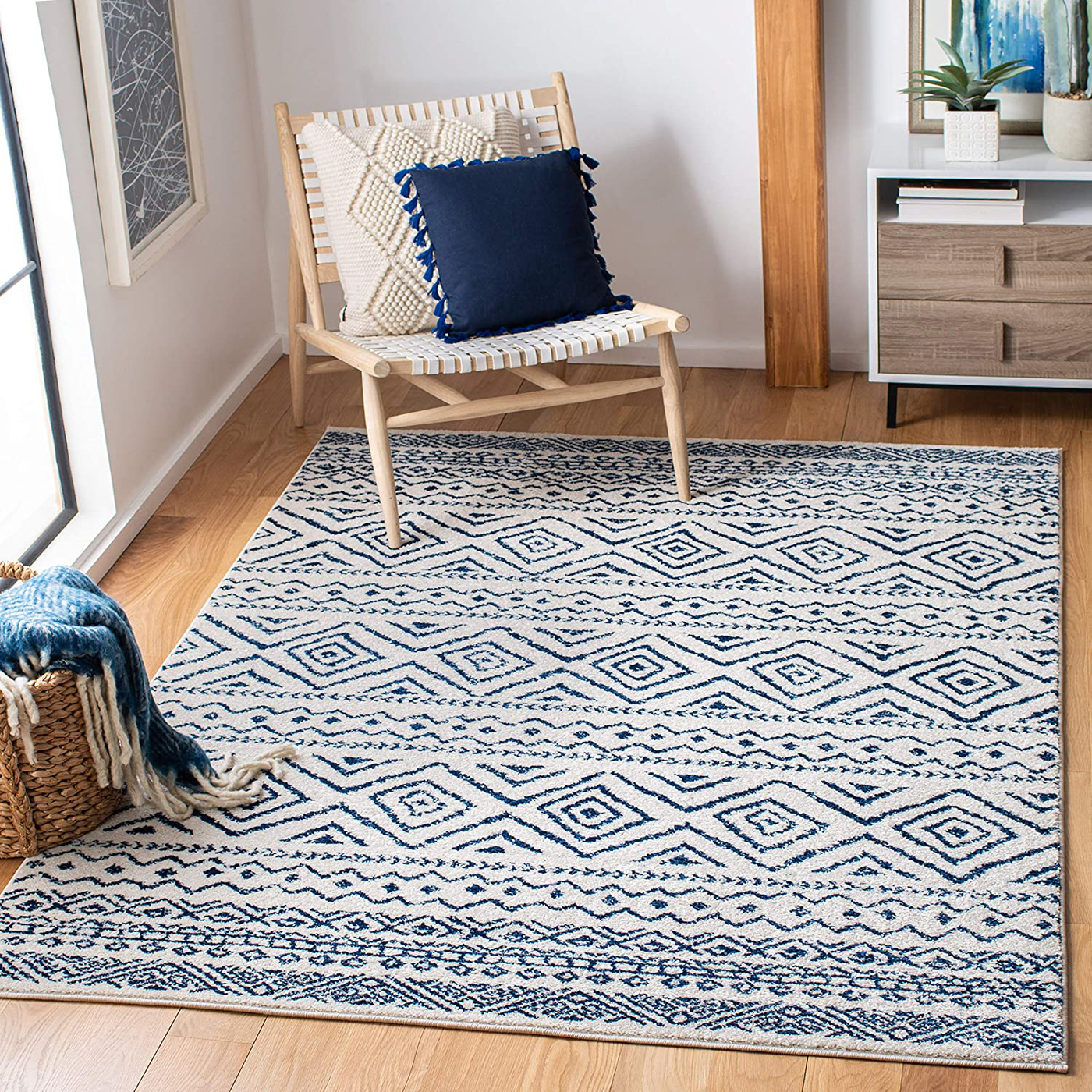 SAFAVIEH Tulum Collection TUL267C Moroccan Boho Distressed Non-Shedding Living Room Bedroom Entryway Accent Area Rug 3' x 3' Square Ivory/Navy