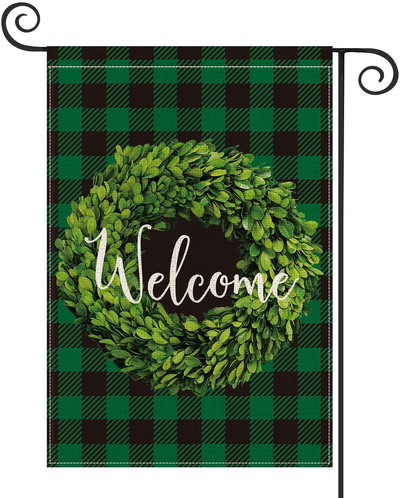 AVOIN Fall Boxwood Wreath Welcome Garden Flag Vertical Double Sided, Buffalo Check Plaid Rustic Farmhouse Flag Yard Outdoor Decoration 12.5 x 18 Inch