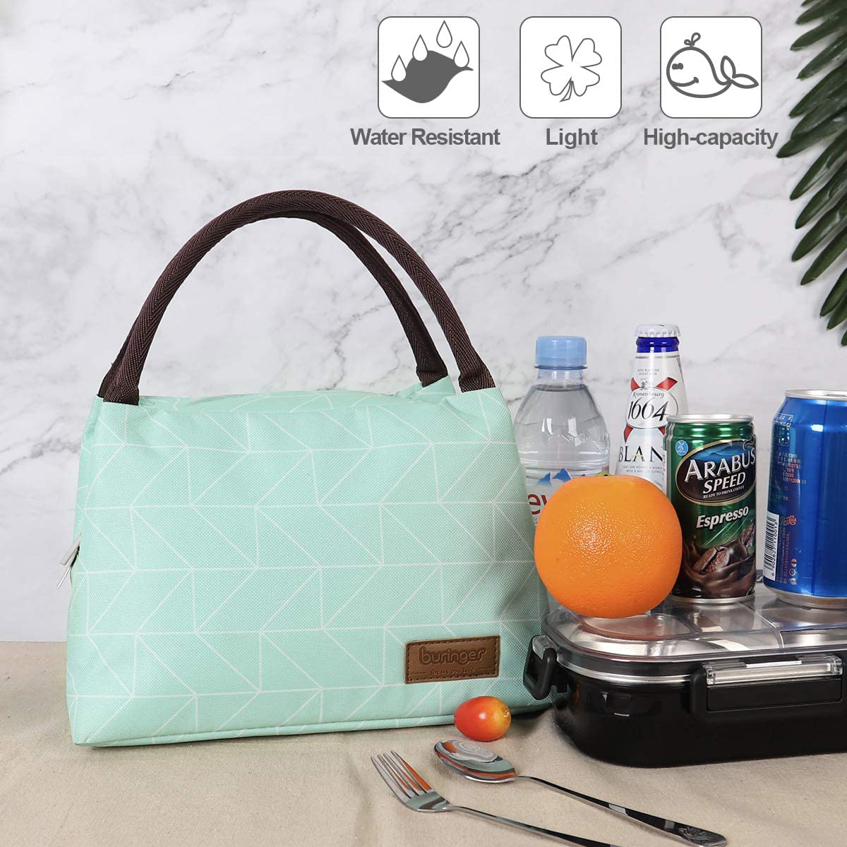 Buringer Reusable Insulated Lunch Bag Cooler Tote Box Meal Prep for Men & Women Work Picnic or Travel (Geometry Green with Pocket)