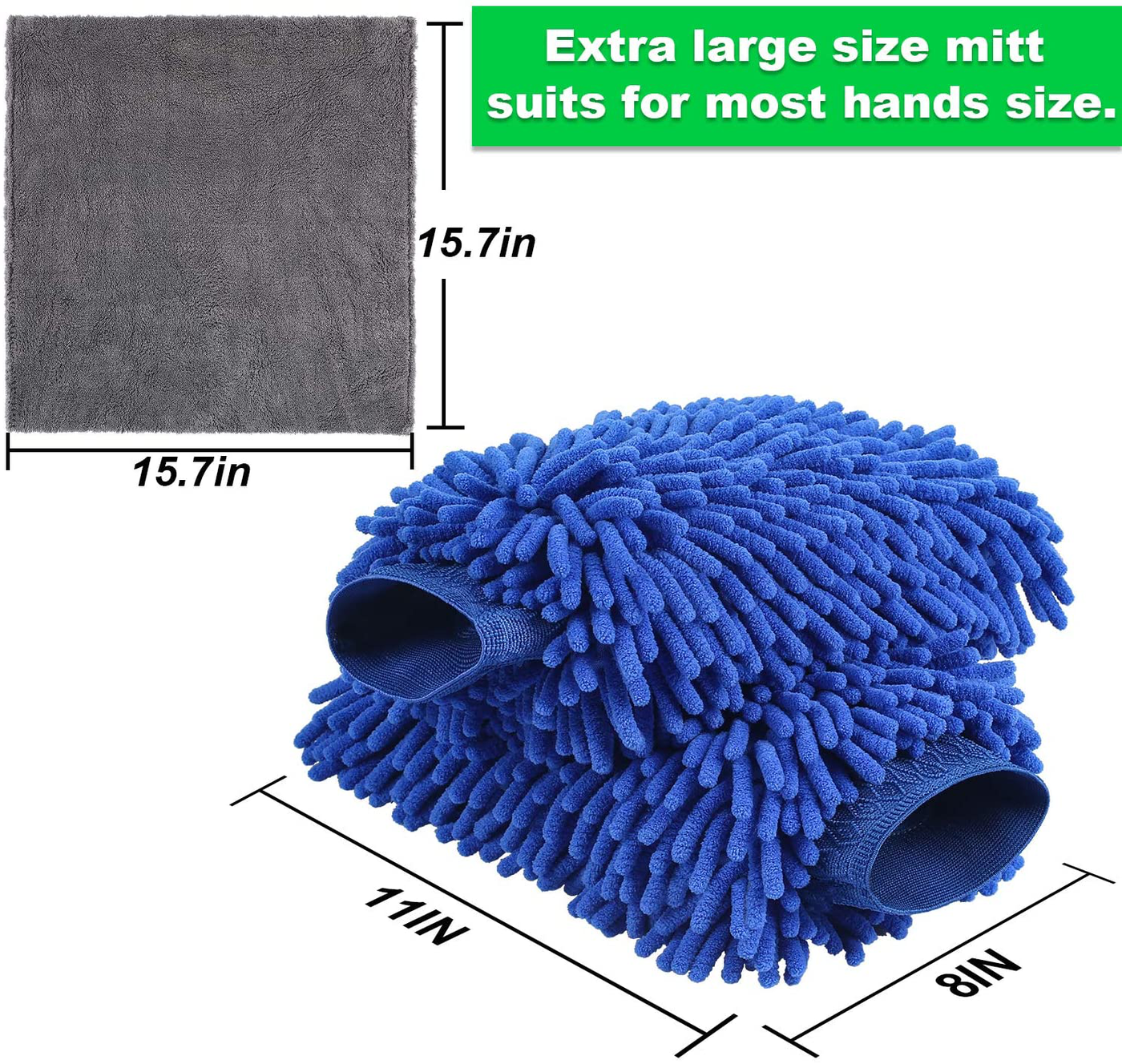 AUTODECO 3pcs Car Wash Cleaning Tools Kit Chenille Microfiber Waterproof Wash Mitt Extra Large Size Wash Glove with Highly Absorbent Drying Cleaning Towel Lint Free Scratch Free - 2 Mitt & 1 Towel