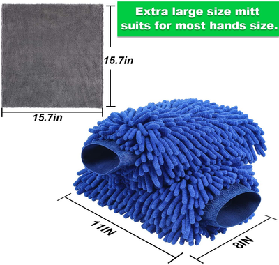 AUTODECO 3pcs Car Wash Cleaning Tools Kit Chenille Microfiber Waterproof Wash Mitt Extra Large Size Wash Glove with Highly Absorbent Drying Cleaning Towel Lint Free Scratch Free - 2 Mitt & 1 Towel