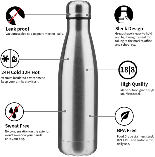 JEAREY 17oz Stainless Steel Water Bottle Double Walled Sports Water Bottle Vacuum Insulated Cola Shape Travel Thermal Flask BPA Free