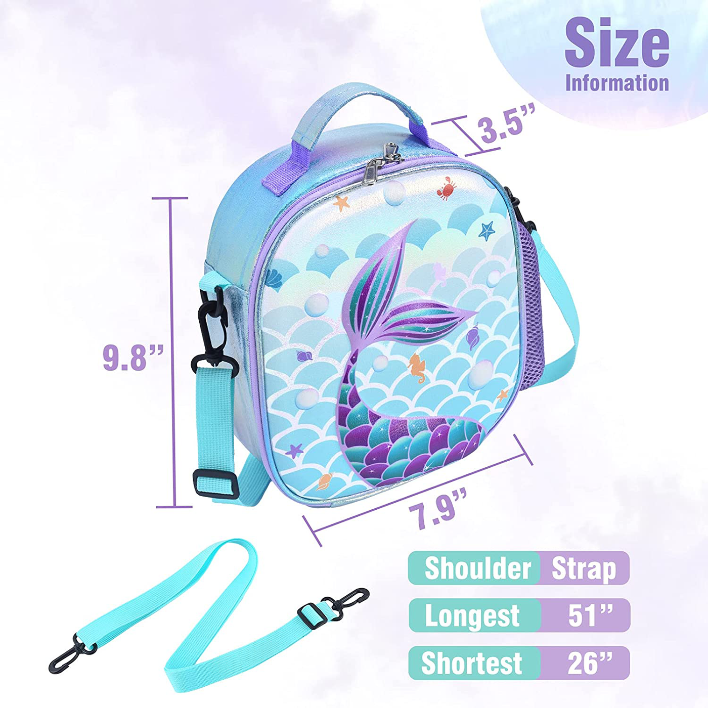 Mermaid Lunch Bag - 3D Insulated Lunch Box for Girls School Picnic Shopping Lunch Shiny Crossbody Waterproof Reusable Lunch Thermal Tote Handbag with Detachable Strap