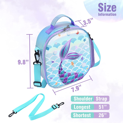Mermaid Lunch Bag - 3D Insulated Lunch Box for Girls School Picnic Shopping Lunch Shiny Crossbody Waterproof Reusable Lunch Thermal Tote Handbag with Detachable Strap