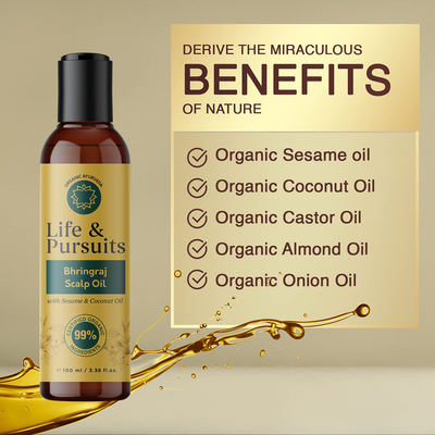 Life & Pursuits Organic Hair Growth Oil (3.38 fl oz) - Ayurvedic Scalp Therapy Oil for Healthy Hair, Goodness of Bhringraj, Amla, Coconut, Sesame, Almond, Onion, & Castor Oil