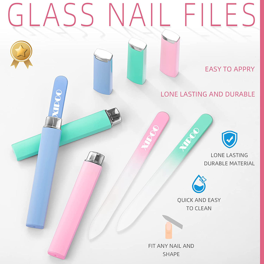 Glass Nail File 3 Pack, Nail File, Glass Nail File with Case, Double Sided Etched Surface Files
