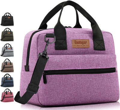 Buringer Insulated Lunch Bag Box Cooler Totes Handbag with Front and Back Pockets For Man and Woman Work Shopping (Purple with Shoulder Strap)