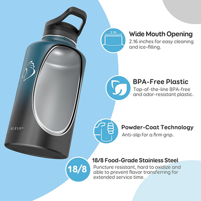 BUZIO Sports Water Bottle 64oz with Straw Lids, Half Gallon Vacuum Insulated Stainless Steel Water Flask Jug, Modern Double Walled Simple Thermo Mug, Hot Cold Standard Hydro Metal Canteen, Blue Black