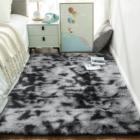 Ophanie Rugs for Bedroom, Fluffy Shag Fuzzy Soft Carpet, Plush Shaggy Bedside Area Rug, Indoor Floor Living Room Carpet for Kids Boys Dorm Home Decor Aesthetic, Nursery, 4 x 5.3 Feet Black and Grey