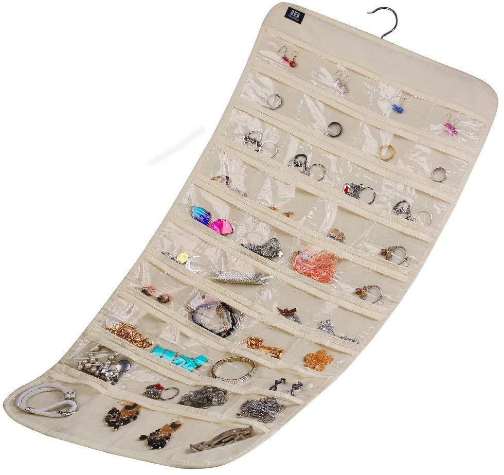BB Brotrade Hanging Jewelry Organizer with Oxford Dual Side 56 Zippered Storage Pocket(Beige)