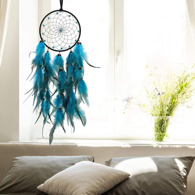 Dream Catcher, Native American HandmadeTassels Boho Feather Dream Catchers with LED Light, Dreamcathers Gift for Bedroom Home Hanging Decor (Blue)