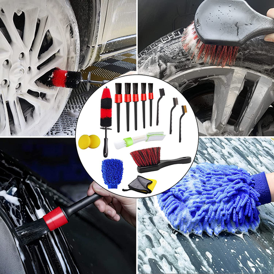 Jaronx 15 PCS Car Wheel & Tire Brush Set, 17 Inches Long Handle Rim Wheel Brush, Short Handle Wheel Brush, Detailing Brushes, Wash Mitt, Vent Duster, Wax Applicator Pads, Washing Towels, Wire Brushes