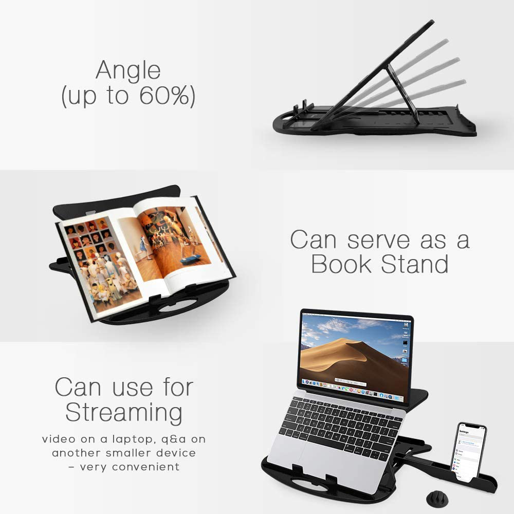 Laptop Stand Swivel Desk with Phone Holder and Cable Clip. Adjustable, Foldable & Portable Riser. Fully Compatible MacBook Base Holder