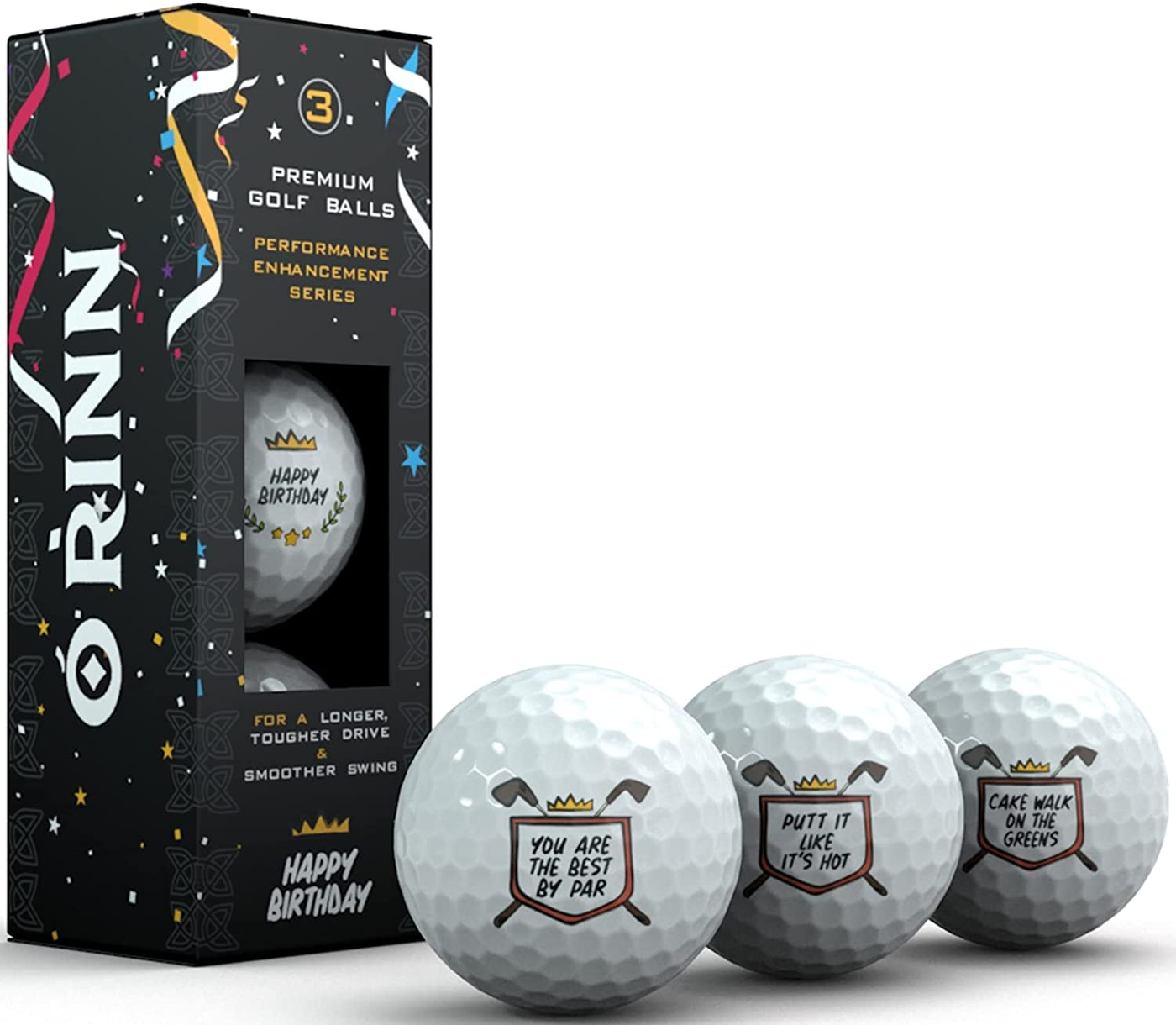 Happy Birthday Novelty Golf Ball 3 Pack - Golf Gifts for Men & Women - Party Decorations - Boss & Coworkers - Mom & Dad - Universal for All Birthdays - 40th - 50th - 60th - 70th - Includes HQ Sleeve