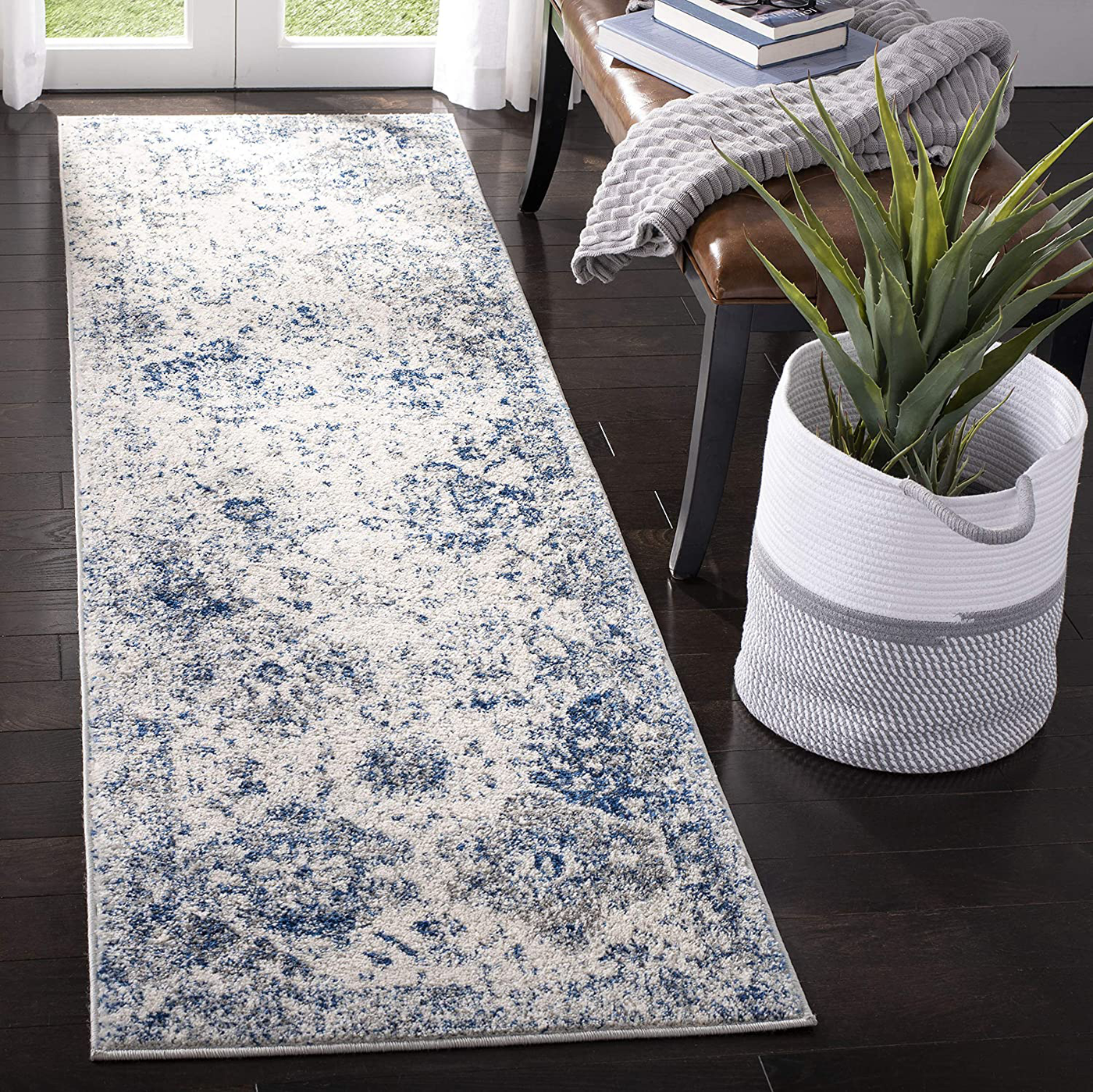 Safavieh Madison Collection MAD611C Boho Chic Floral Medallion Trellis Distressed Non-Shedding Stain Resistant Living Room Bedroom Runner, 2'3" x 6' , White / Royal Blue