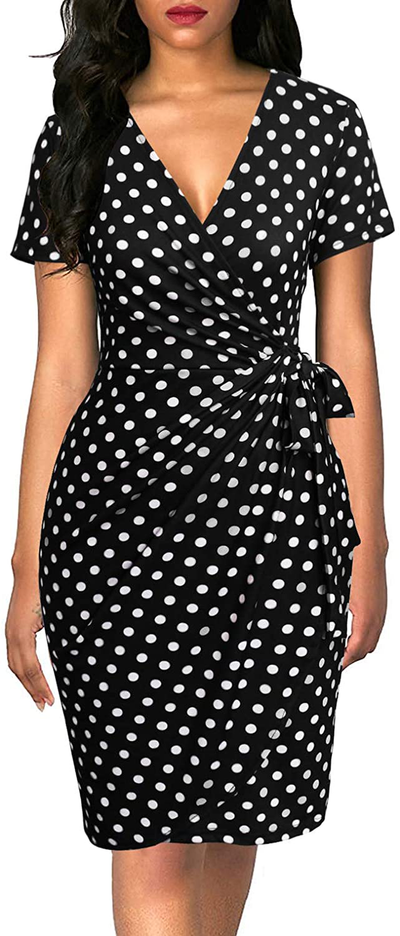 Lyrur Women's Classic V-Neck Casual Party Knee Length Sheath Work Short Sleeve Faux Black Wrap Dress