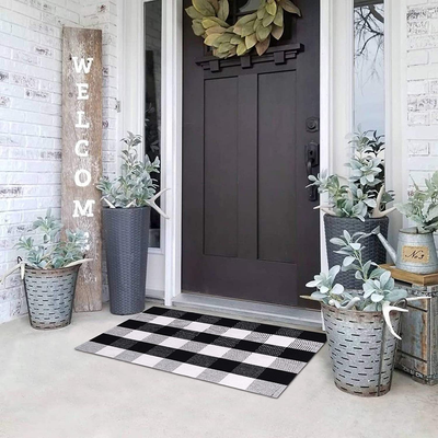 TIDYTIDE Black/White Buffalo Plaid Door Mat- 27.5X43.3 Inches Cotton Hand Woven Check Outdoor Rug- Washable Plaid Rug for Front Porch/Entryway/Farmhouse