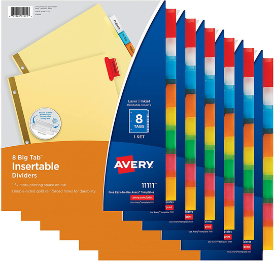 AVERY 8-Tab Binder Dividers for School, Medical Office Supply, or Home Organization, Insertable Multicolor Big Tabs, 6 Sets (11111)
