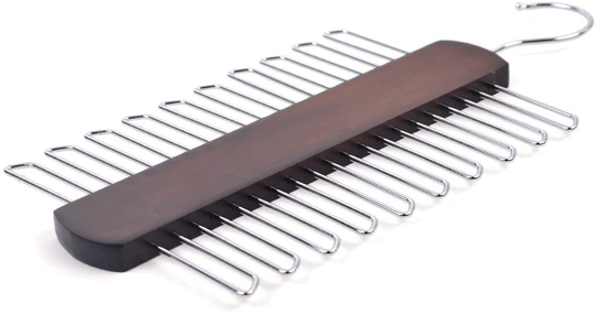 Umo Lorenzo Premium Wooden Necktie and Belt Hanger, Walnut Wood Center Organizer and Storage Rack with a Non-Slip Finish - 20 Hooks (Wooden)
