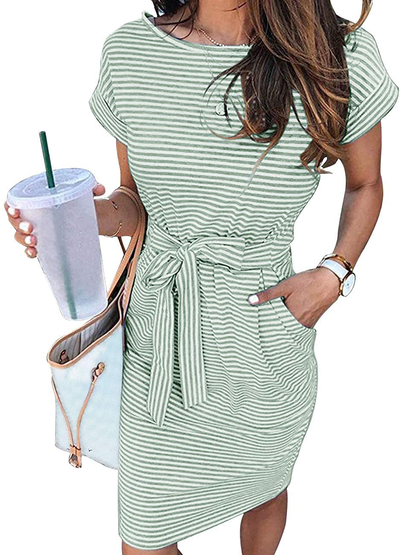 MEROKEETY Women's Summer Striped Short Sleeve T Shirt Dress Casual Tie Waist Midi Dress