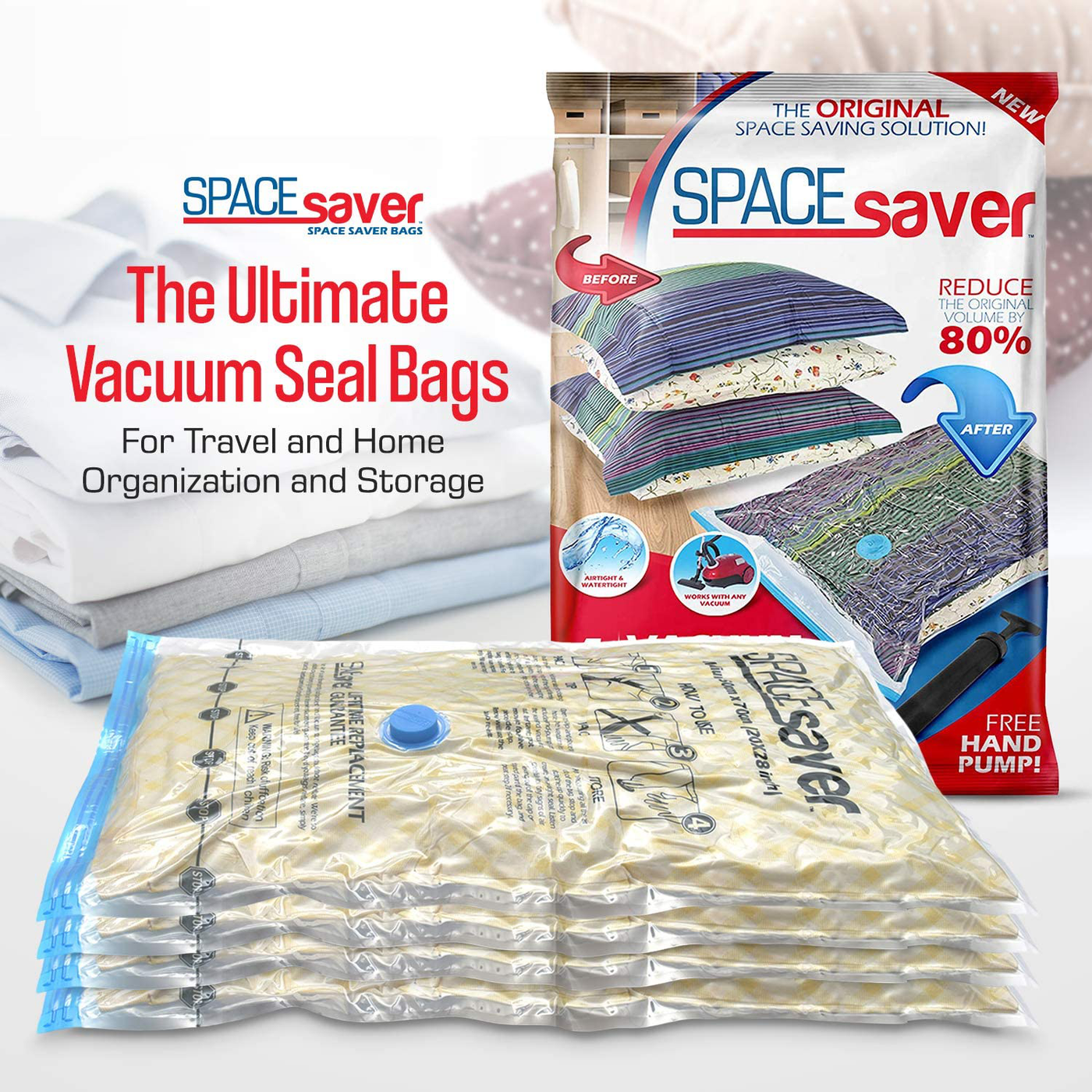 Spacesaver Premium Vacuum Storage Bags. 80% More Storage! Hand-Pump for Travel! Double-Zip Seal and Triple Seal Turbo-Valve for Max Space Saving! (Large 6 Pack)
