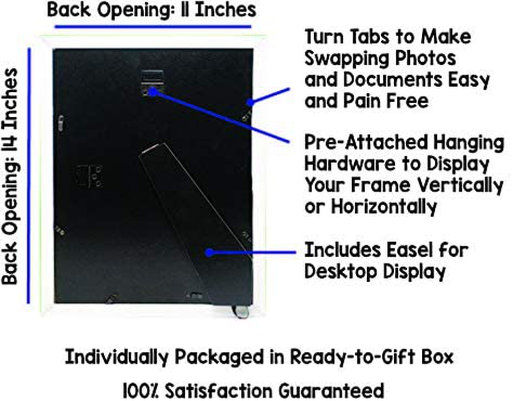 11x14 White Picture Frame with Both 8x10 and 8.5x11 Mats - Wide Molding - Includes Both Attached Hanging Hardware and Desktop Easel - Frames and Mat Display Pictures Documents Certificates