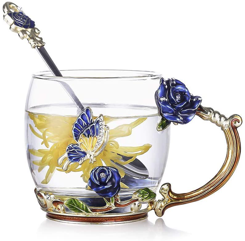 Luka Tech Enamels Butterfly flower Lead-free Glass Coffee Mugs Tea Cup with Steel Spoon, personalised Gifts For Women Wife Mom Friends Birthday Mothers Valentines Day Wedding (Blue)