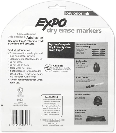 EXPO Low Odor Dry Erase Markers, Chisel Tip, Assorted Colors, 12 Count
