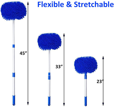 SPWOLFRT Car Wash Brush, Car Cleaning Mop with Adjustable Long Handle, Chenille Microfiber Car Wash Mitt Mop, Glass Scrabber 3 in 1 Vehicle Cleaner Kit (Blue)