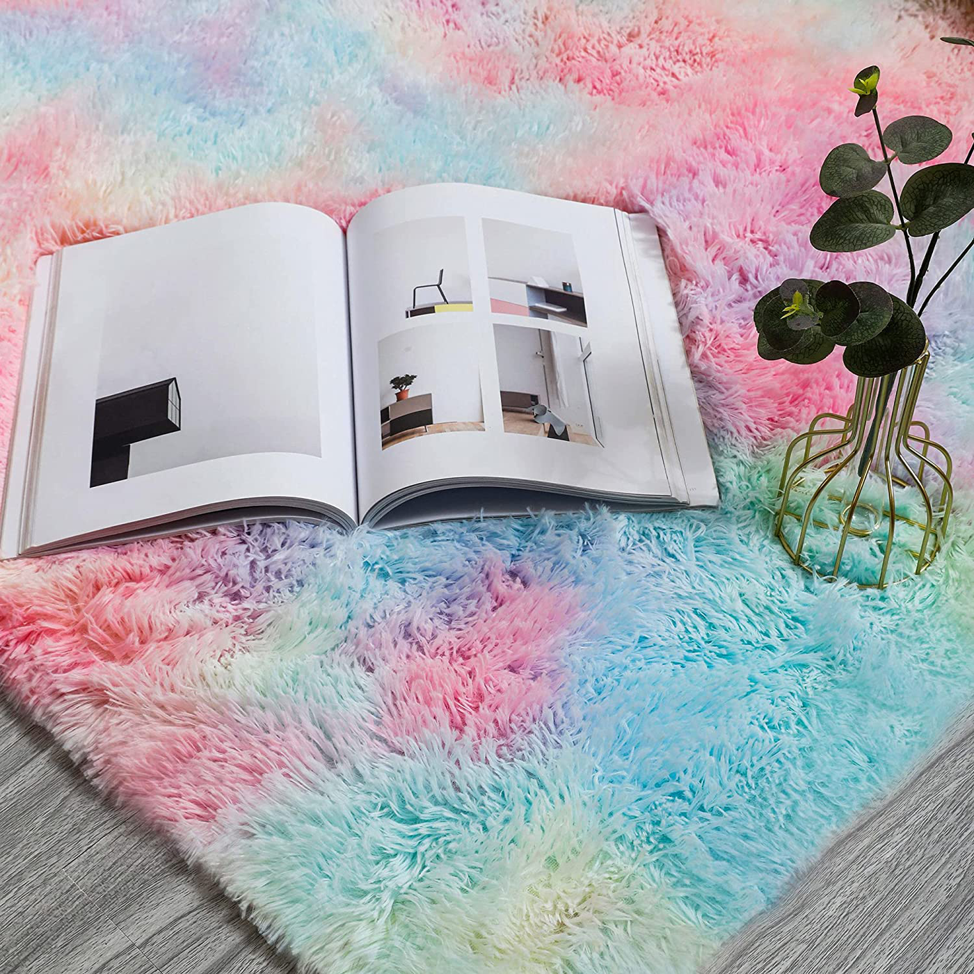 GKLUCKIN Shag Ultra Soft Area Rug, Non-Skid Fluffy 5'x8' Tie-Dyed Pink&Purple Fuzzy Indoor Faux Fur Rugs for Living Room Bedroom Nursery Girls Room Decor Furry Carpet Kids Playroom