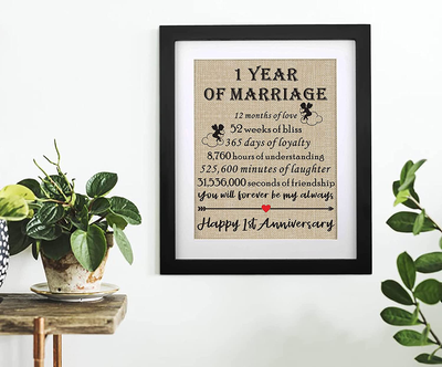 Framed 1st Anniversary Burlap Print Gifts for Couple 1st Wedding Anniversary Keepsake Gift for Husband Wife Paper Anniversary 1 Year of Marriage