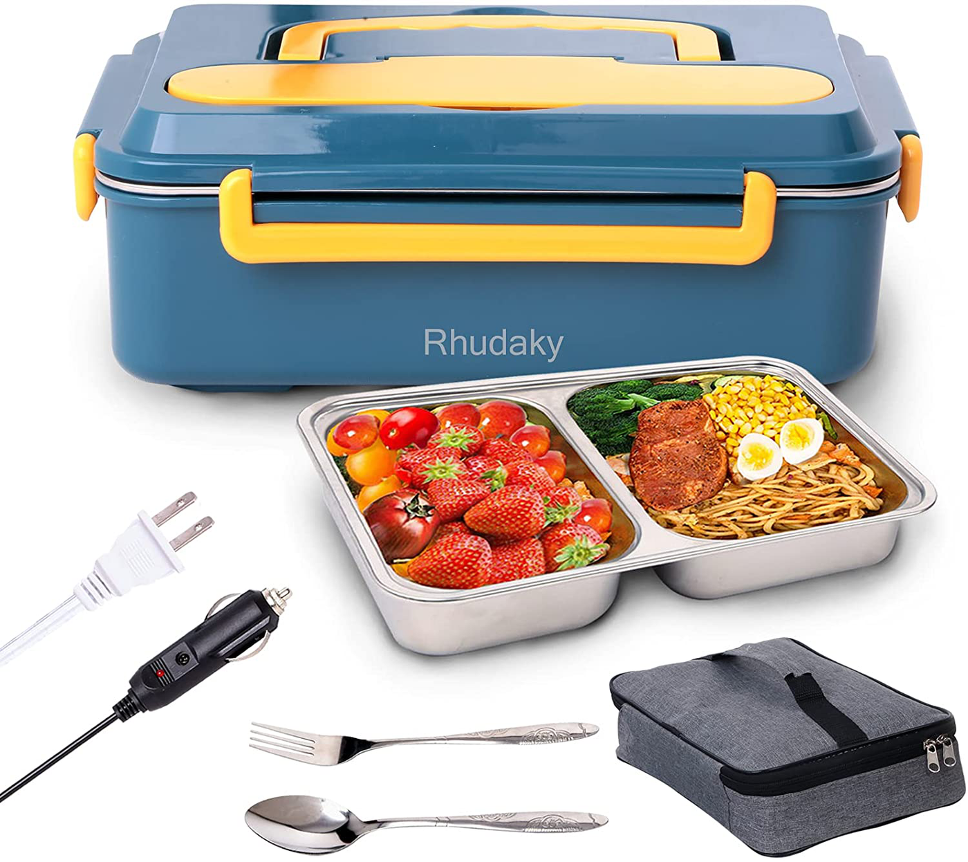 Electric Lunch Box Food warmer,3 in1 Portable heated lunch boxes (2021 Upgrade.100% Leak Proof) 12V 24V 110V luncheaze Food Heater for Car, Truck & Home,Stainless Steel Container,with fork spoon & Bag